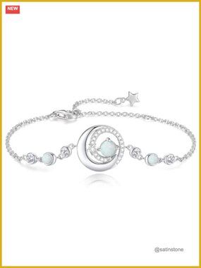 925 Sterling Silver White Gold Plated Moon Star Birthstone Link Bracelet